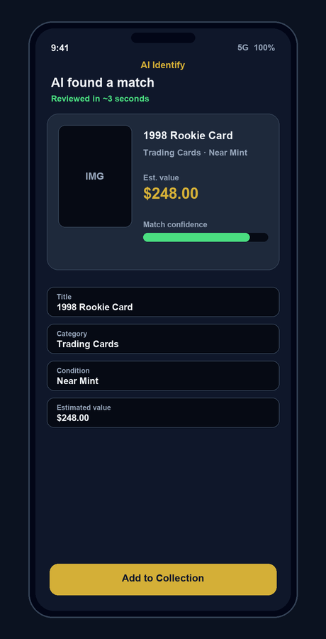 AI Identify phone mockup showing an identified item with estimated value