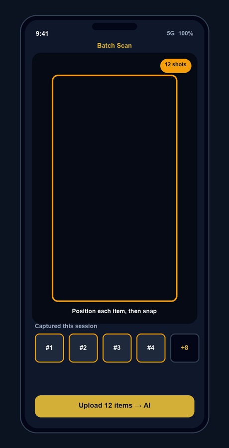Batch Scan phone mockup showing multiple captured item thumbnails