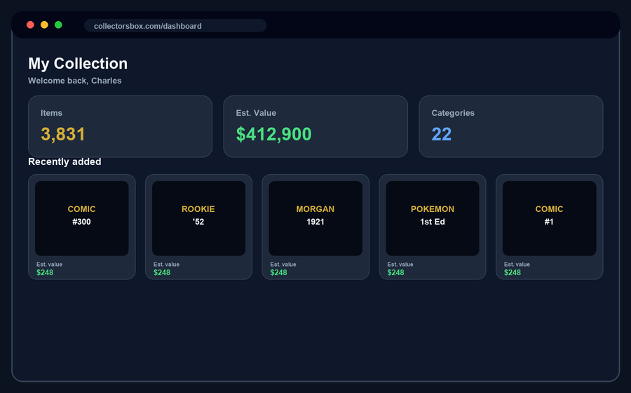 Collector's Box dashboard showing collection value, categories and recent items