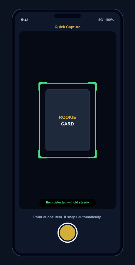 Quick Capture phone mockup showing a card detected inside a green frame